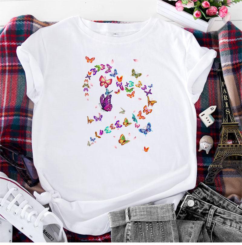 Women's Fashionable Simple Heart Butterfly Printed Round Neck Short Sleeve T-shirt - Nioor