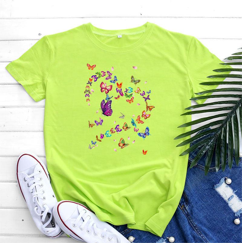 Women's Fashionable Simple Heart Butterfly Printed Round Neck Short Sleeve T-shirt - Nioor