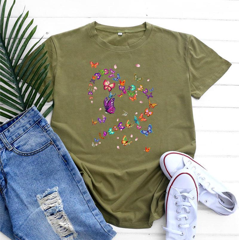 Women's Fashionable Simple Heart Butterfly Printed Round Neck Short Sleeve T-shirt - Nioor