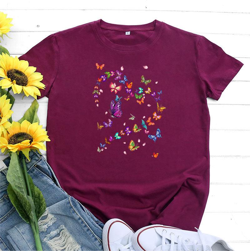 Women's Fashionable Simple Heart Butterfly Printed Round Neck Short Sleeve T-shirt - Nioor