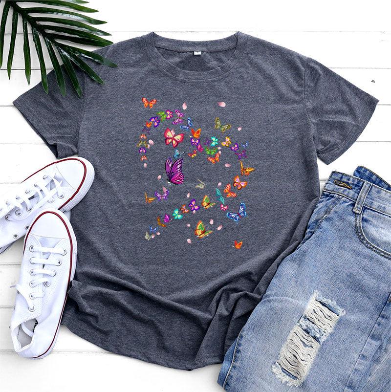 Women's Fashionable Simple Heart Butterfly Printed Round Neck Short Sleeve T-shirt - Nioor