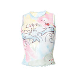 Women's Fashionable Simple Round Neck Pullover Sleeveless Printed Top Vest - Nioor