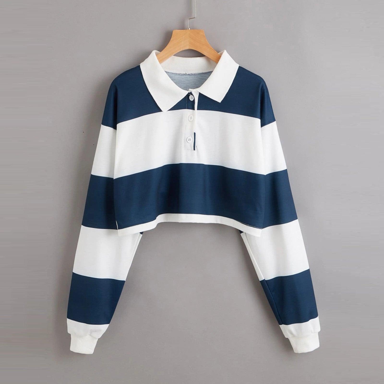 Women's Fashionable Simple Striped Polo Collar Sweater - Nioor