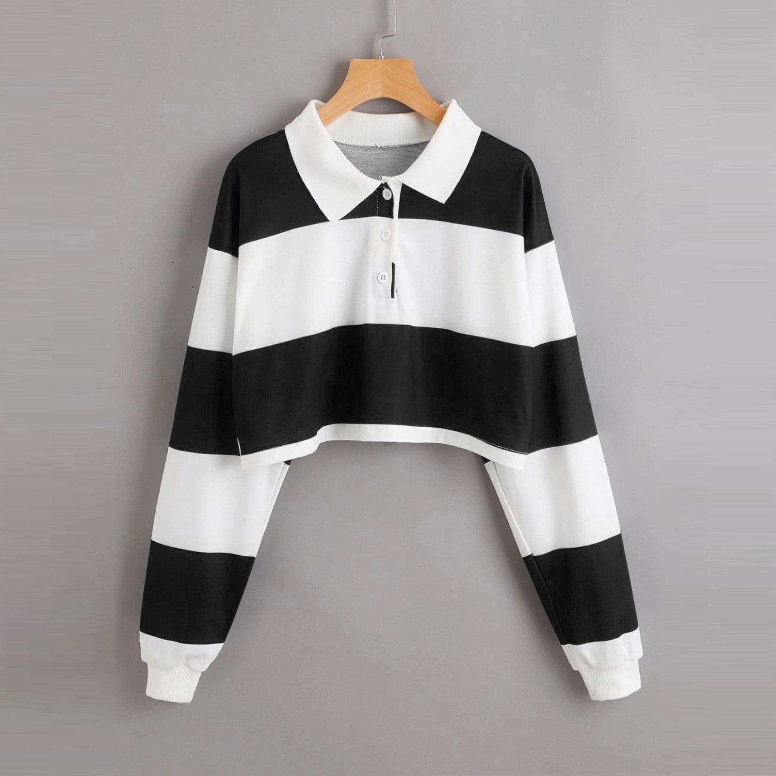 Women's Fashionable Simple Striped Polo Collar Sweater - Nioor