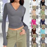 Women's Fashionable Simple V-neck Long-sleeved Slim-fit All-match T-shirt Top - Nioor