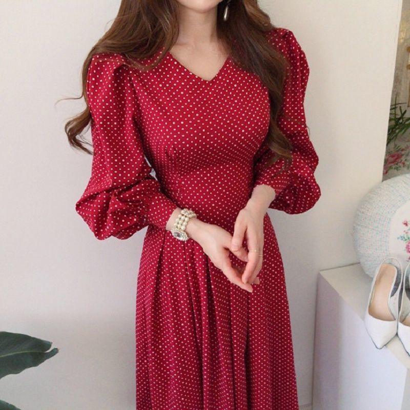 Women's Fashionable Slim Collar Slim-fit High Waist Lace-up Lantern Sleeve Dress - Nioor