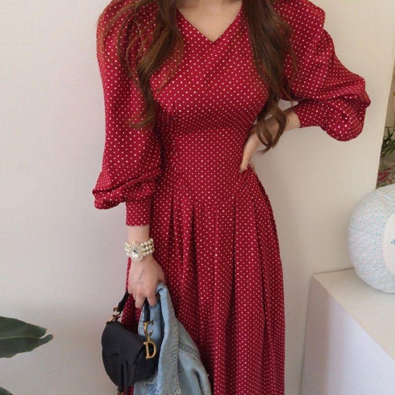 Women's Fashionable Slim Collar Slim-fit High Waist Lace-up Lantern Sleeve Dress - Nioor