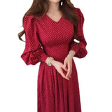 Women's Fashionable Slim Collar Slim-fit High Waist Lace-up Lantern Sleeve Dress - Nioor