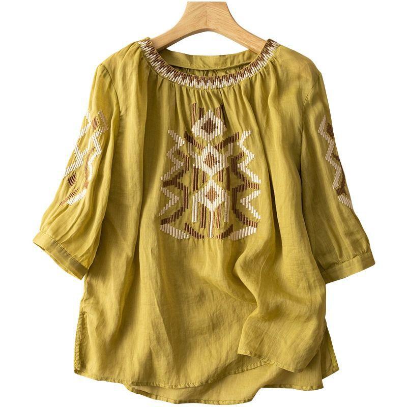 Women's Fashionable Slimming Cotton And Linen Embroidered Crew Neck Top - Nioor