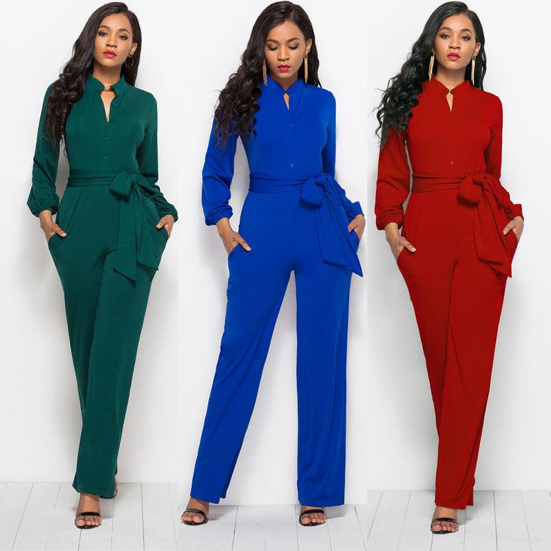 Women's Fashionable Solid Color Wide Leg Jumpsuit - Nioor