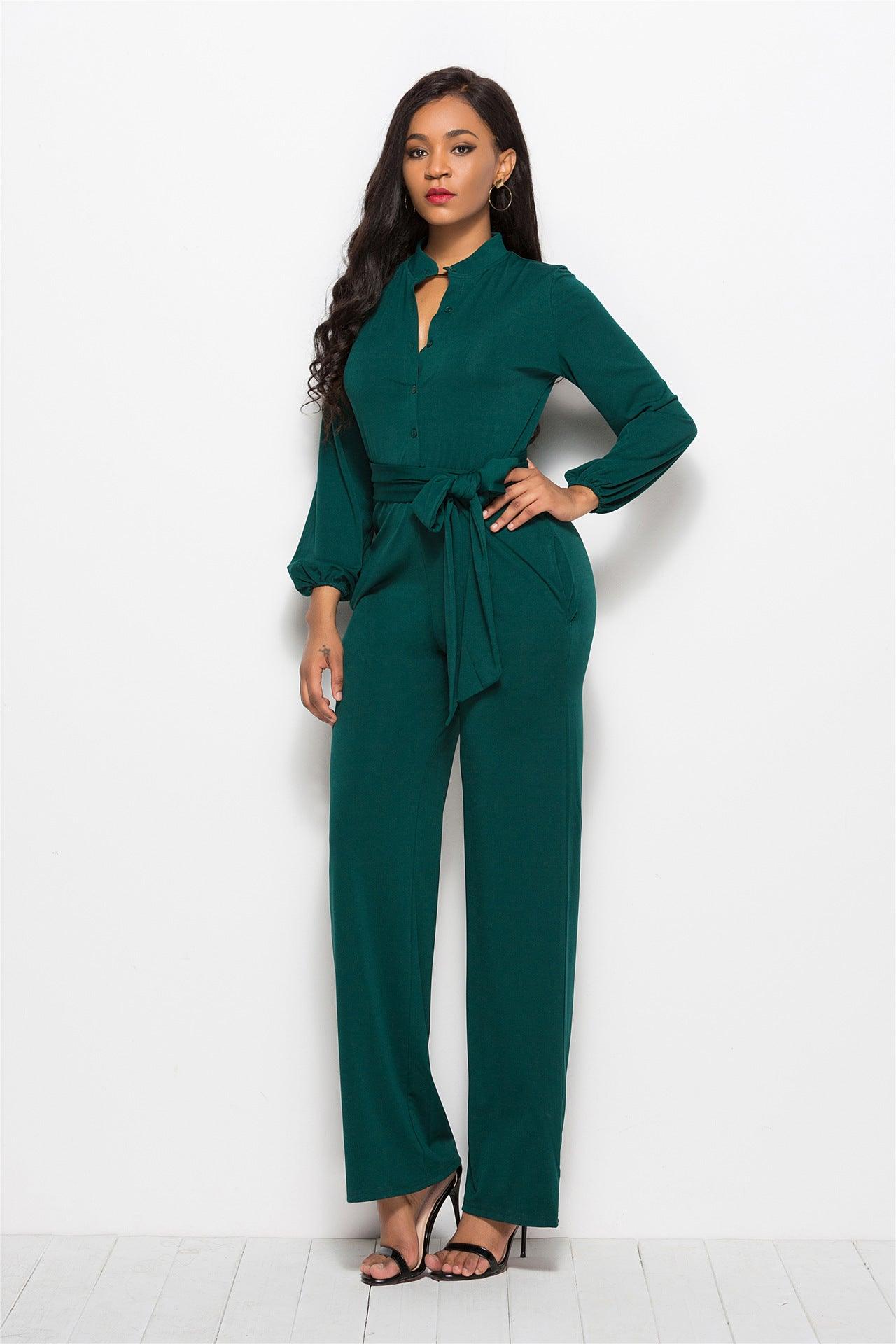 Women's Fashionable Solid Color Wide Leg Jumpsuit - Nioor