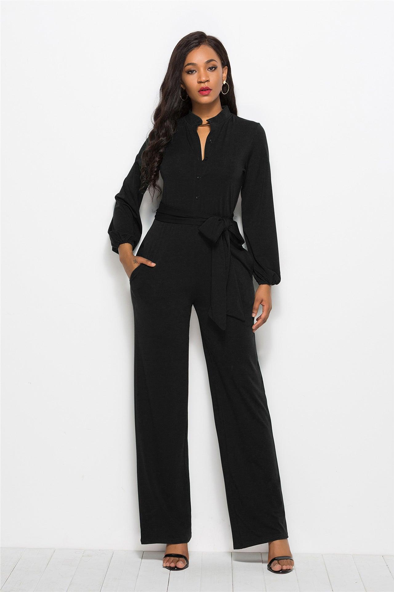 Women's Fashionable Solid Color Wide Leg Jumpsuit - Nioor