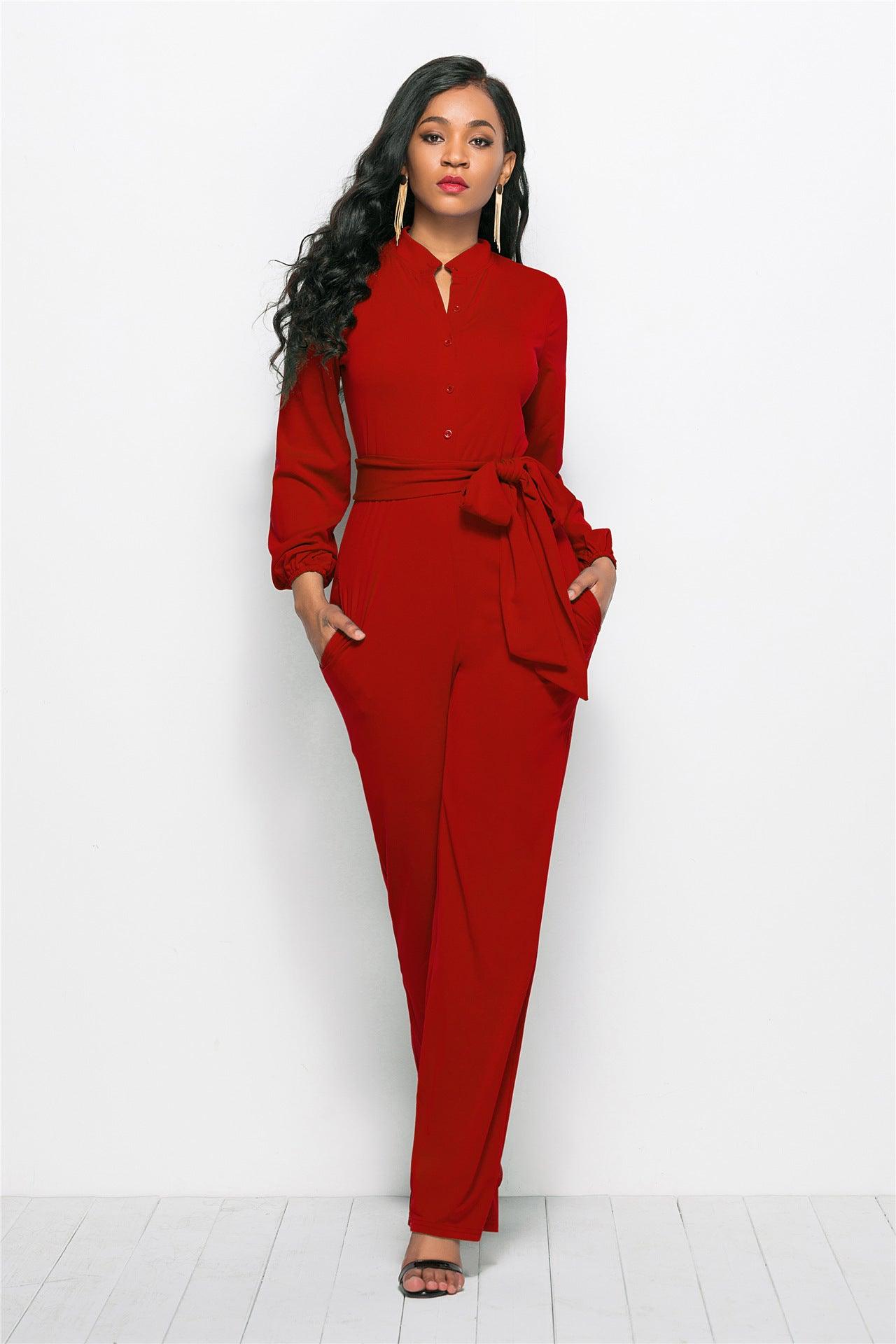 Women's Fashionable Solid Color Wide Leg Jumpsuit - Nioor