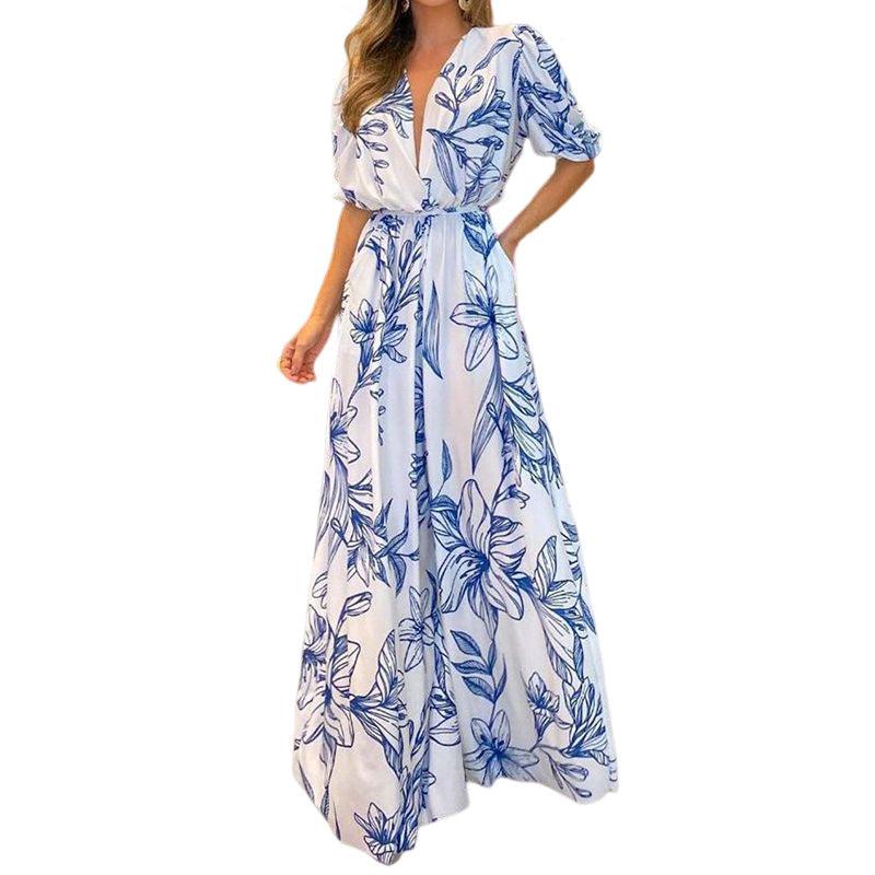 Women's Fashionable V-neck Loose Midi Printed Dress - Nioor