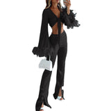 Women's Feather Long Sleeve Furry Stitching Sexy Midriff Outfit Split Trousers Casual Suit - Nioor