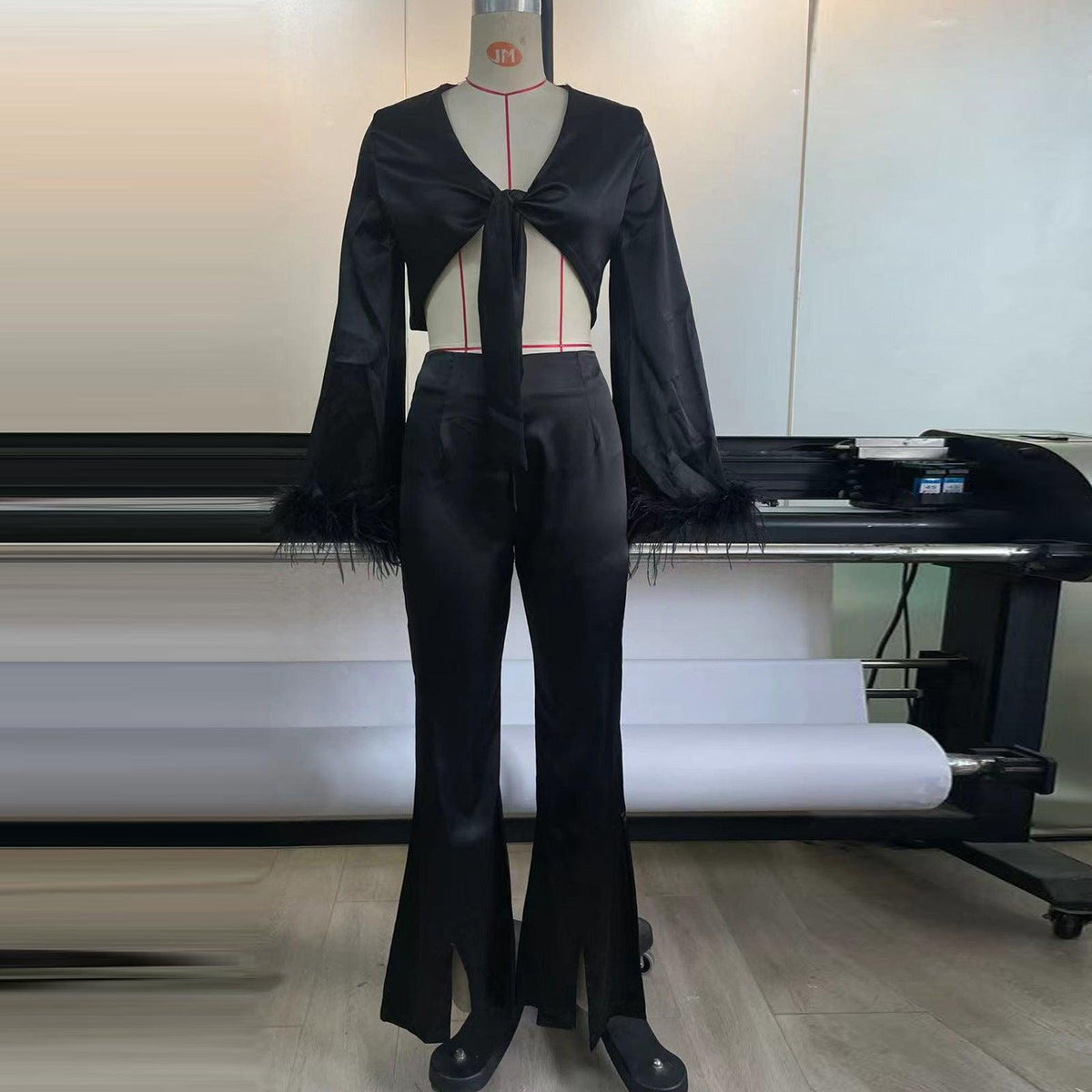 Women's Feather Long Sleeve Furry Stitching Sexy Midriff Outfit Split Trousers Casual Suit - Nioor