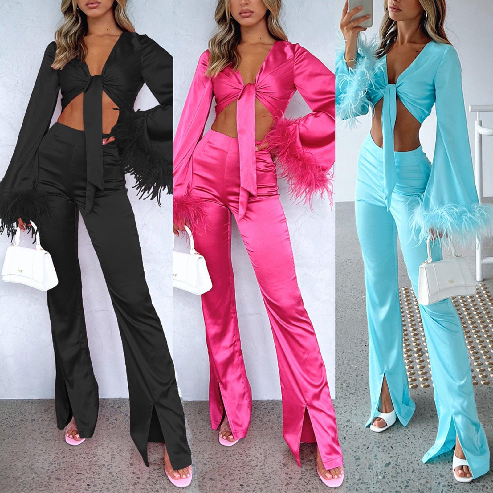 Women's Feather Long Sleeve Furry Stitching Sexy Midriff Outfit Split Trousers Casual Suit - Nioor