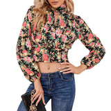 Women's Floral Long Sleeve Hollow-out Waist Women's Shirt - Nioor