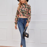 Women's Floral Long Sleeve Hollow-out Waist Women's Shirt - Nioor