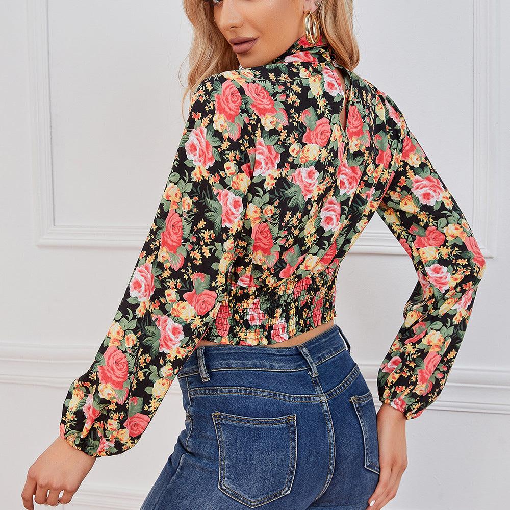 Women's Floral Long Sleeve Hollow-out Waist Women's Shirt - Nioor