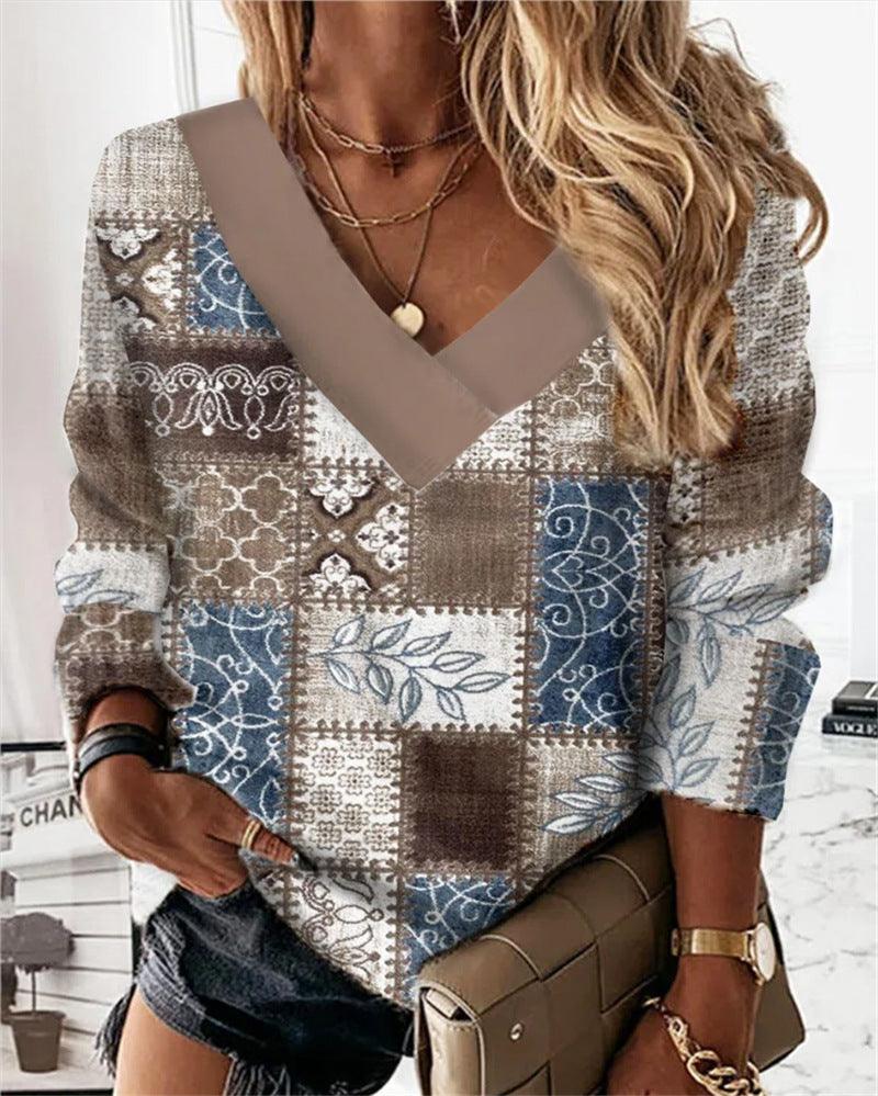 Women's Geometric Floral V-neck Long Sleeve Loose Sweater - Nioor