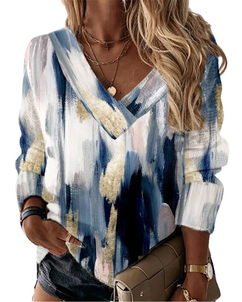 Women's Geometric Floral V-neck Long Sleeve Loose Sweater - Nioor