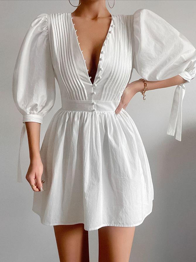 Women's Graceful And Fashionable Button V-neck Puff Sleeve Dress - Nioor