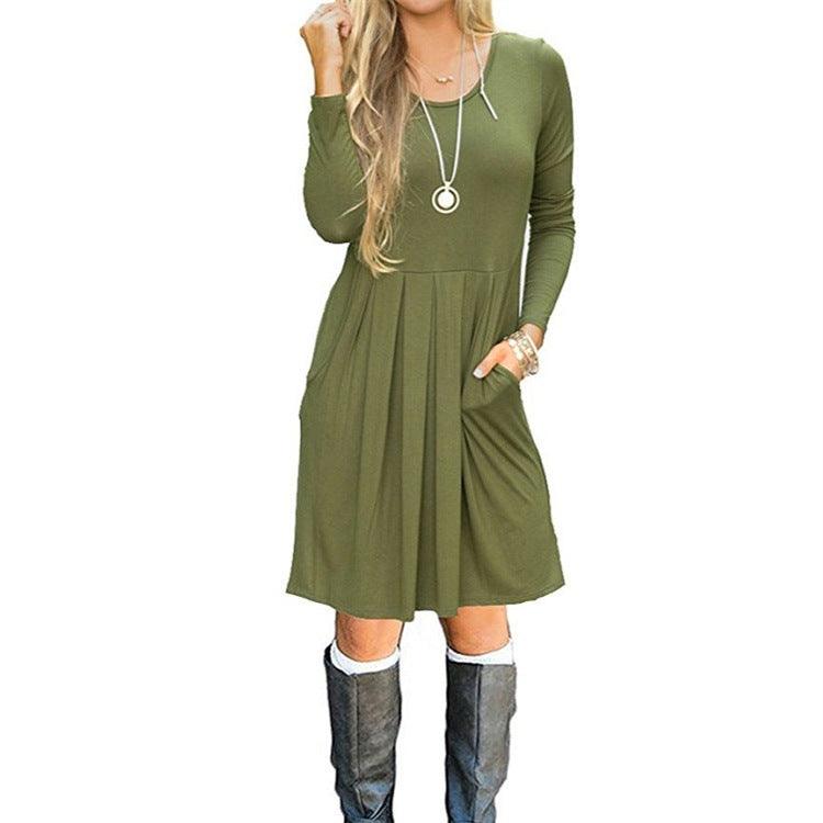 Women's Graceful And Fashionable Pleated Round-neck Long-sleeved Dress - Nioor