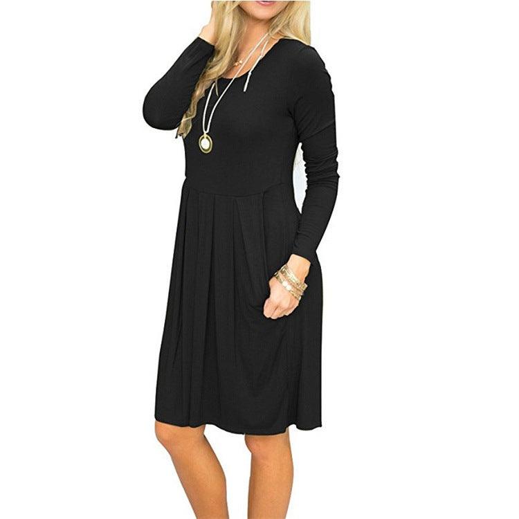 Women's Graceful And Fashionable Pleated Round-neck Long-sleeved Dress - Nioor