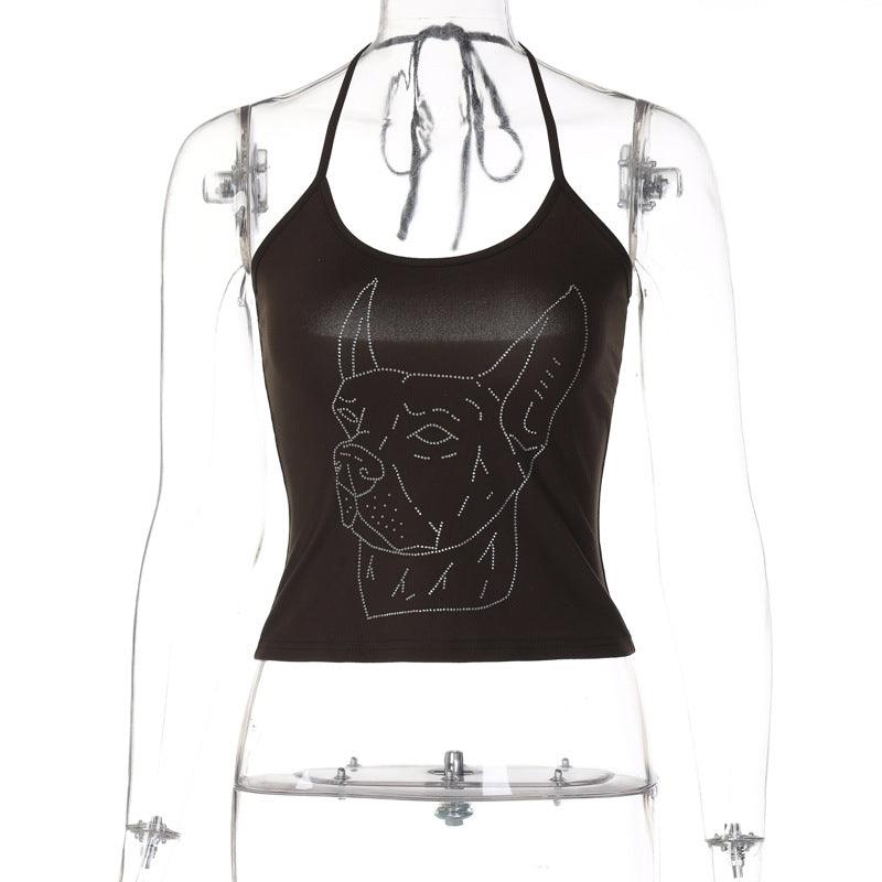 Women's Graceful And Fashionable Rhinestone Lace-up Halterneck U-neck Slim Vest - Nioor