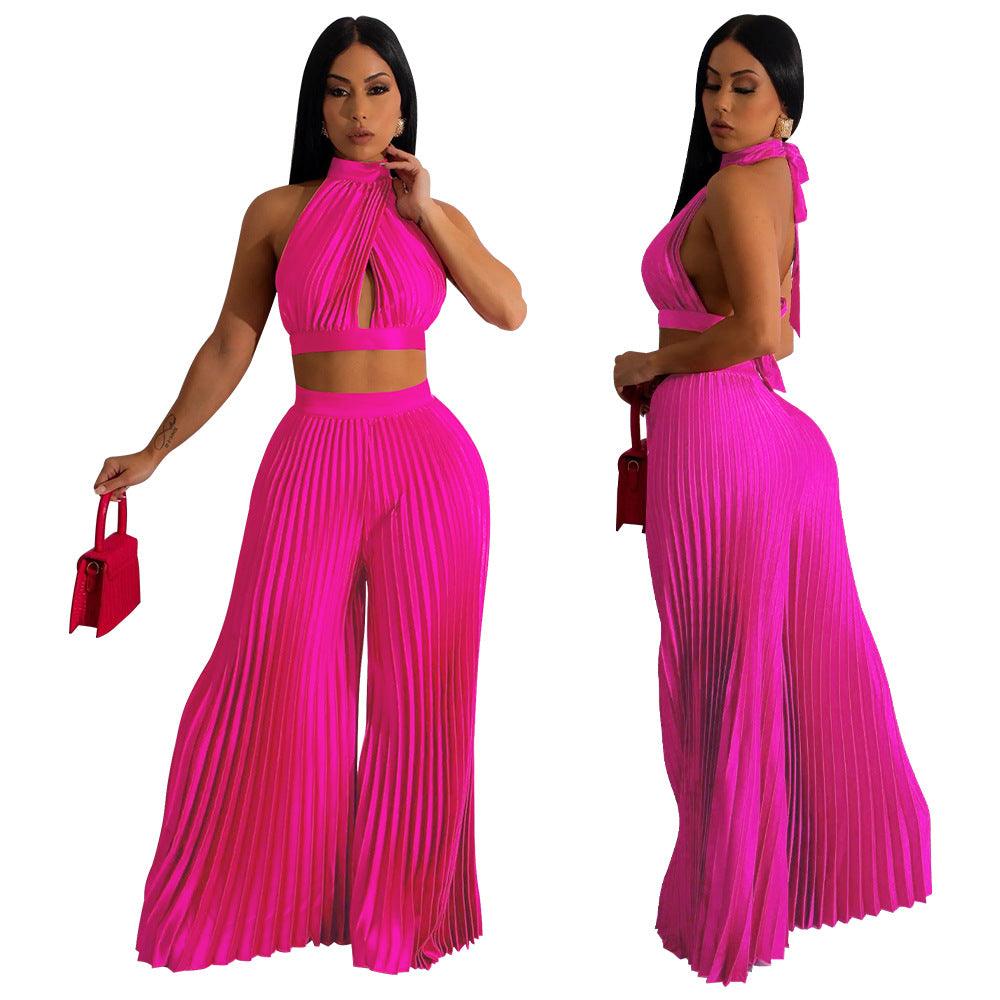 Women's Halter Silk-like Pleated Wide-leg Pants Two-piece Set - Nioor