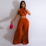 Women's Halter Silk-like Pleated Wide-leg Pants Two-piece Set - Nioor