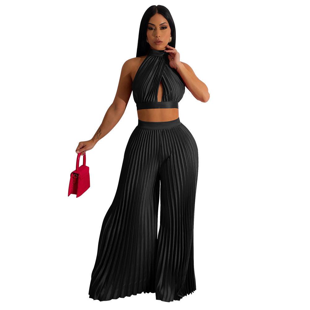 Women's Halter Silk-like Pleated Wide-leg Pants Two-piece Set - Nioor