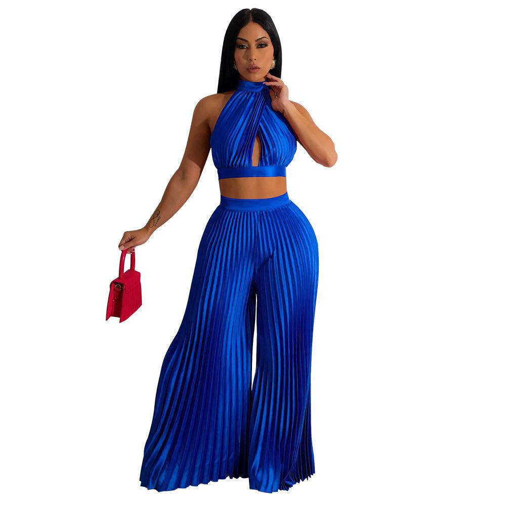 Women's Halter Silk-like Pleated Wide-leg Pants Two-piece Set - Nioor