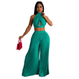 Women's Halter Silk-like Pleated Wide-leg Pants Two-piece Set - Nioor