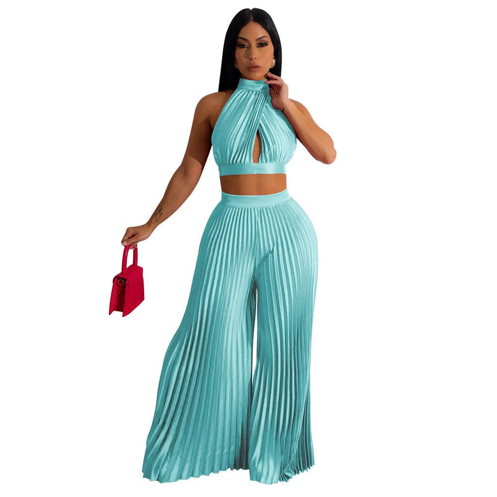 Women's Halter Silk-like Pleated Wide-leg Pants Two-piece Set - Nioor