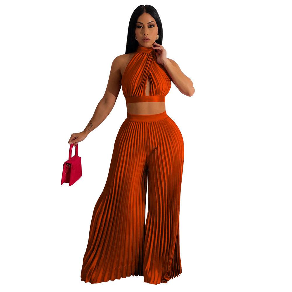 Women's Halter Silk-like Pleated Wide-leg Pants Two-piece Set - Nioor