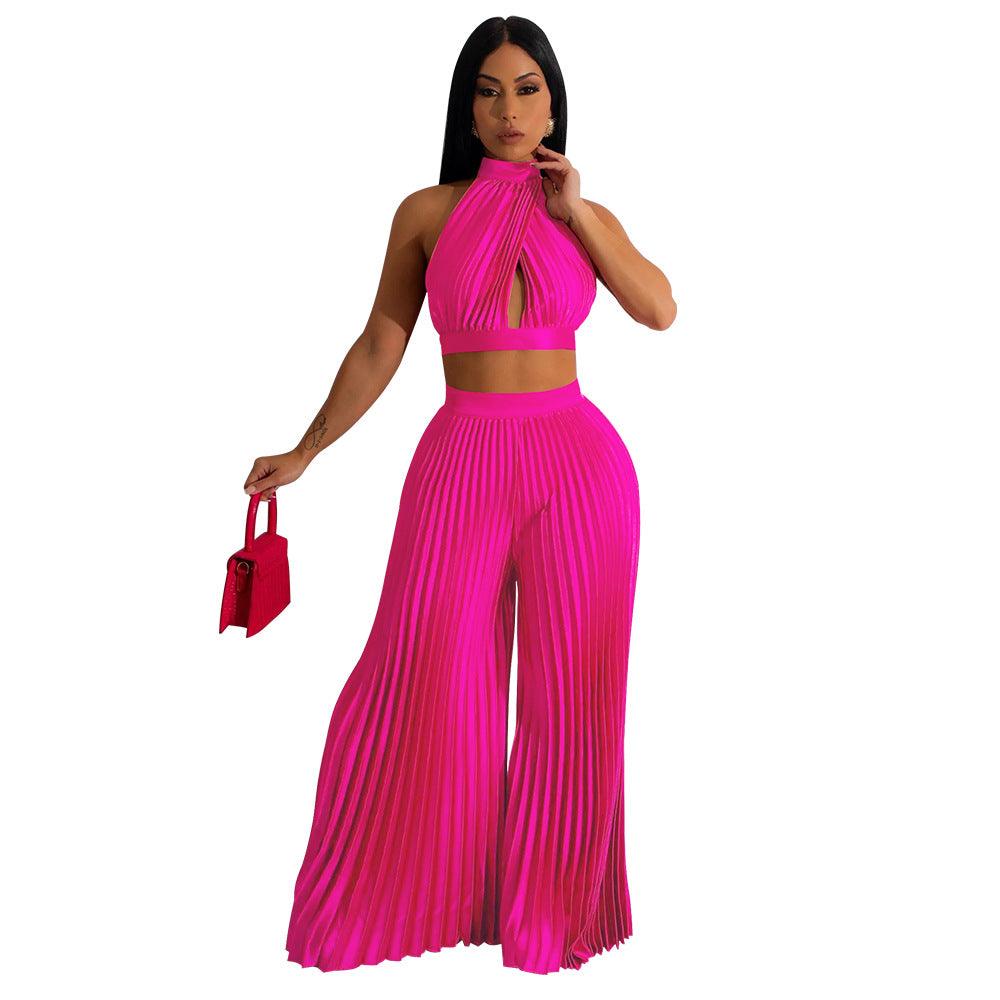 Women's Halter Silk-like Pleated Wide-leg Pants Two-piece Set - Nioor