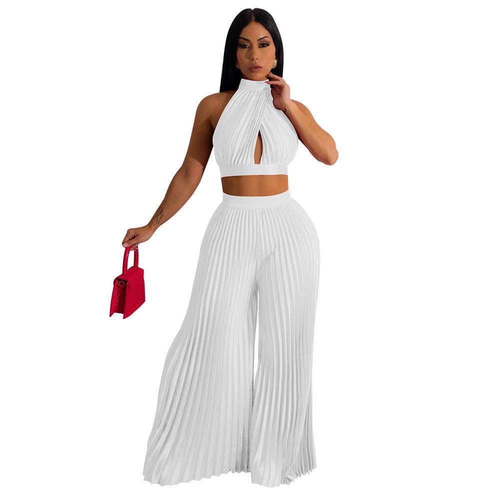 Women's Halter Silk-like Pleated Wide-leg Pants Two-piece Set - Nioor