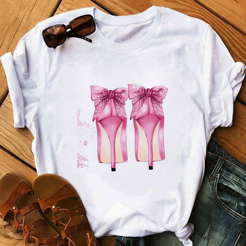 Women's High Heels Pattern Cute Loose Top T-shirt - Nioor