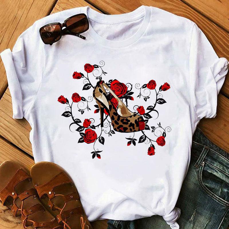 Women's High Heels Pattern Cute Loose Top T-shirt - Nioor