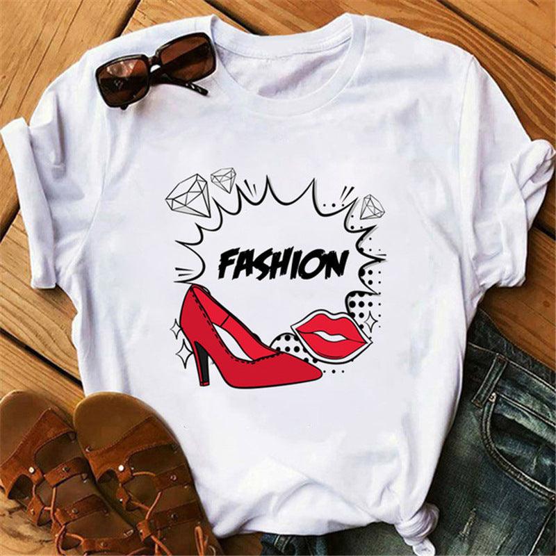 Women's High Heels Pattern Cute Loose Top T-shirt - Nioor