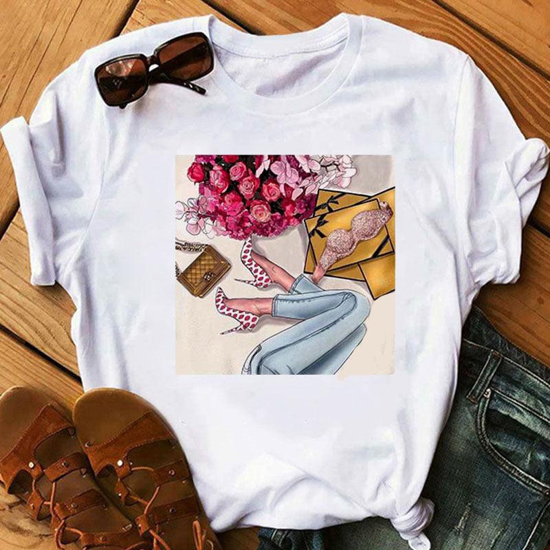 Women's High Heels Pattern Cute Loose Top T-shirt - Nioor