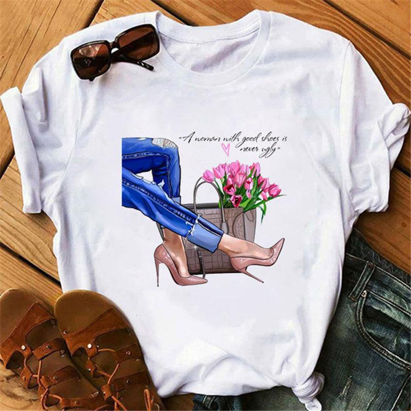 Women's High Heels Pattern Cute Loose Top T-shirt - Nioor