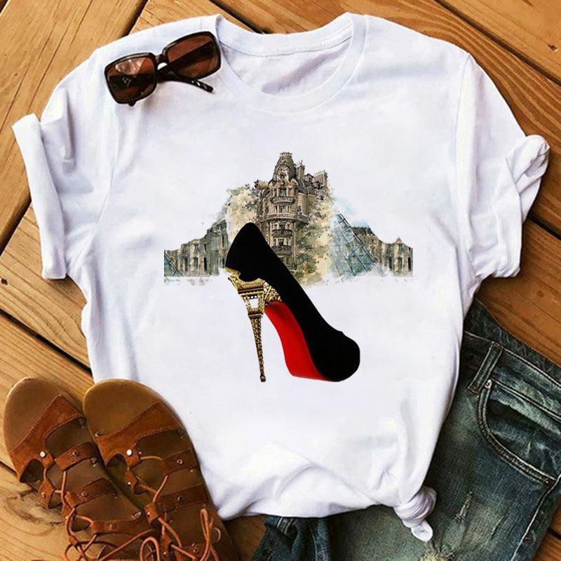 Women's High Heels Pattern Cute Loose Top T-shirt - Nioor