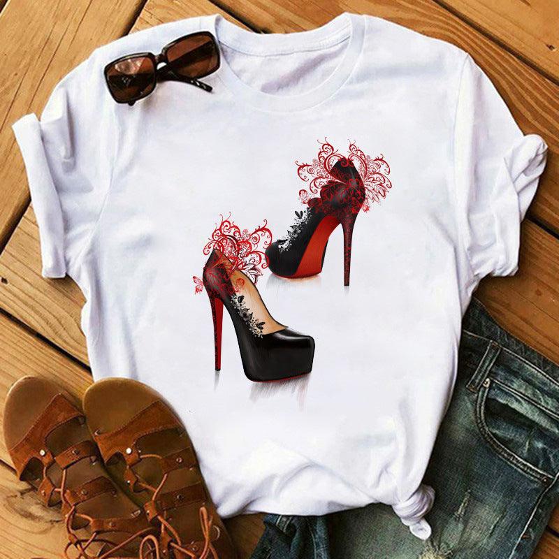 Women's High Heels Pattern Cute Loose Top T-shirt - Nioor