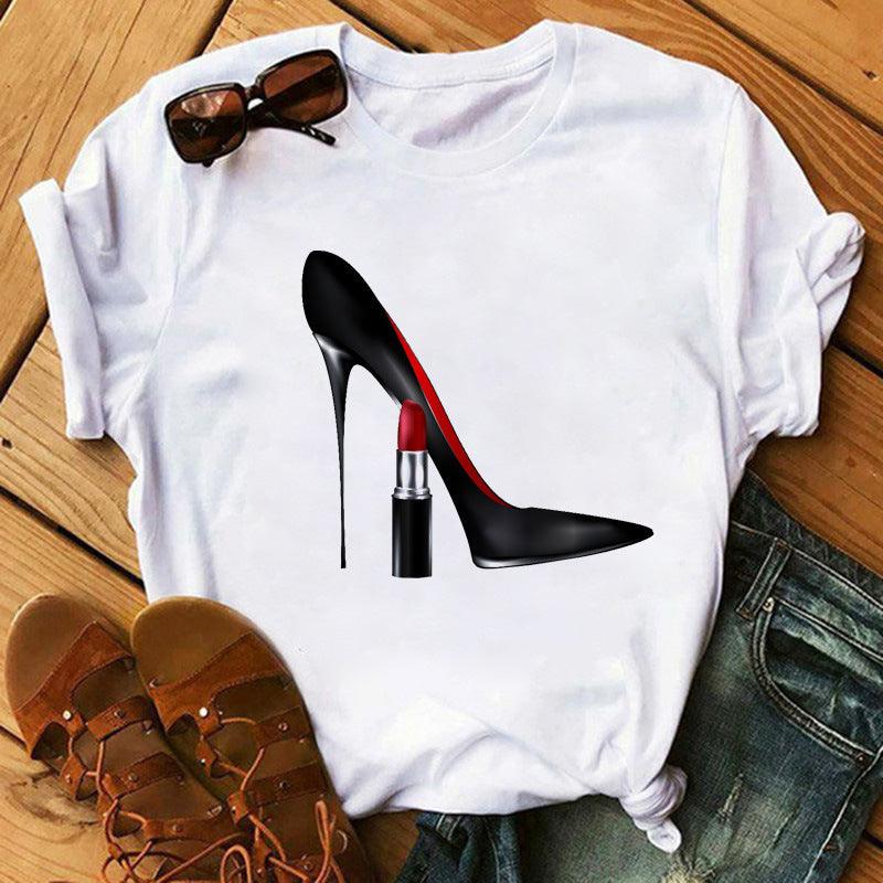 Women's High Heels Pattern Cute Loose Top T-shirt - Nioor