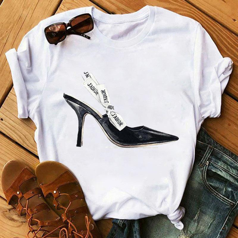 Women's High Heels Pattern Cute Loose Top T-shirt - Nioor