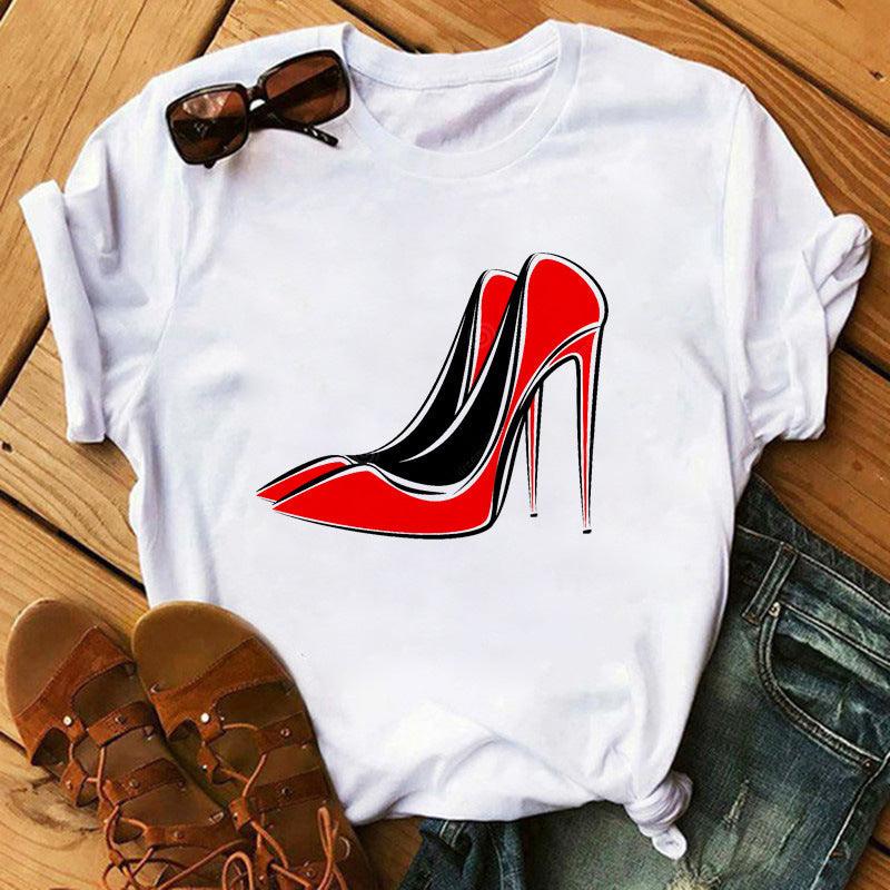 Women's High Heels Pattern Cute Loose Top T-shirt - Nioor