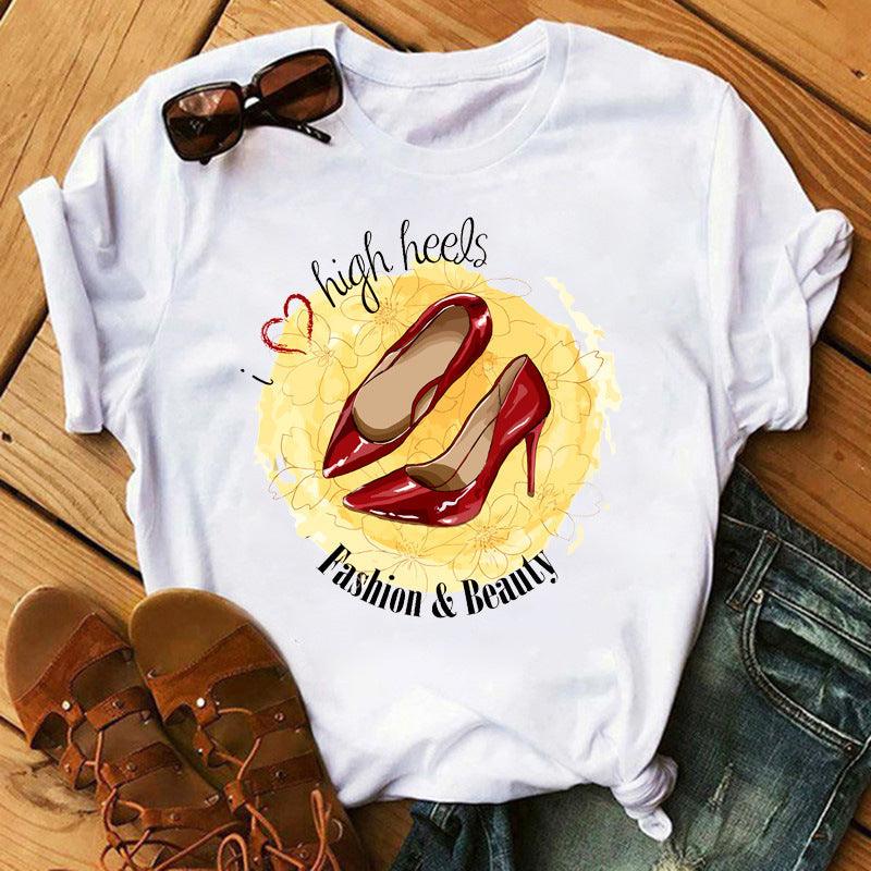 Women's High Heels Pattern Cute Loose Top T-shirt - Nioor